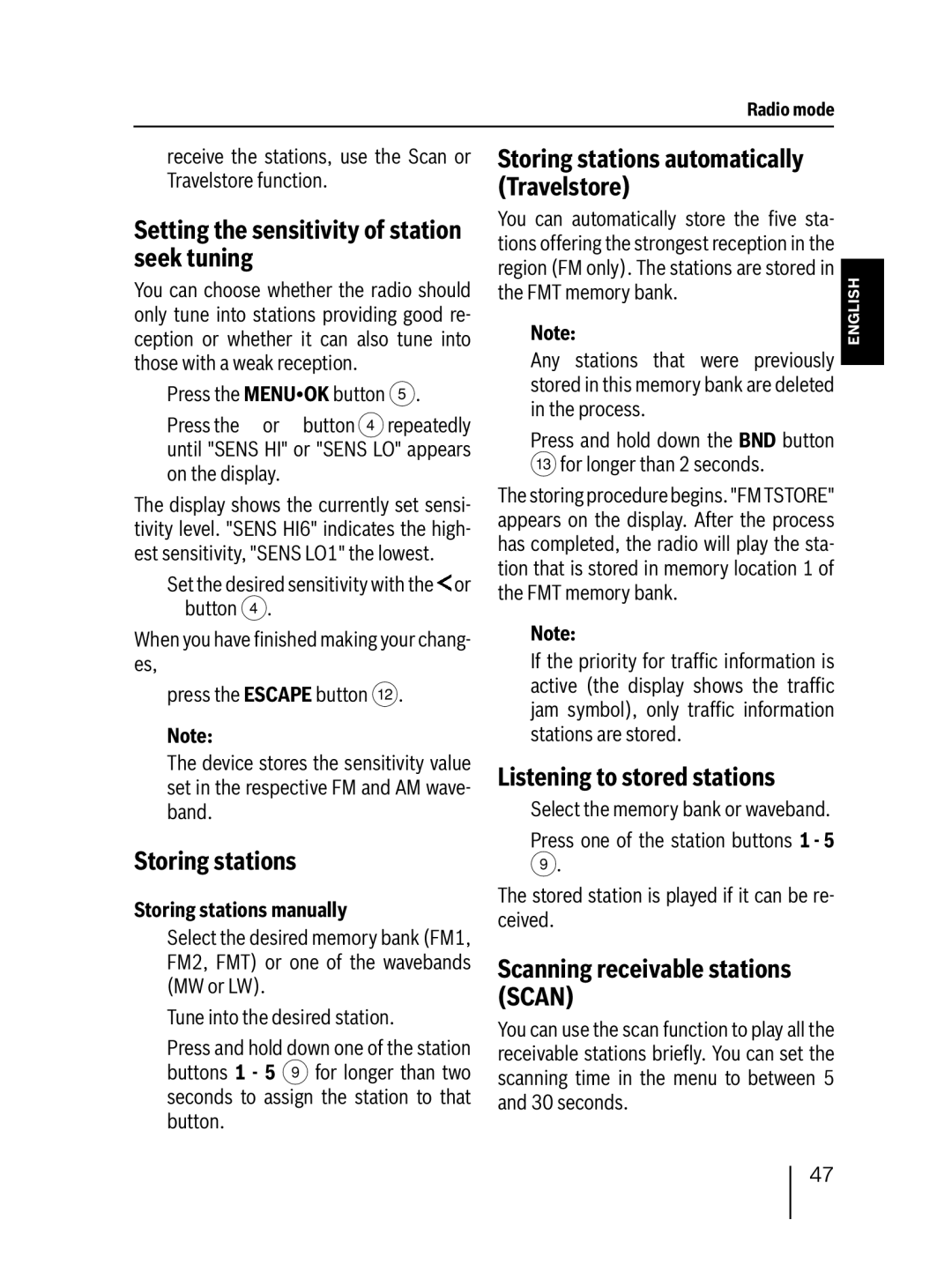 Blaupunkt MP38 Setting the sensitivity of station seek tuning, Storing stations, Listening to stored stations 