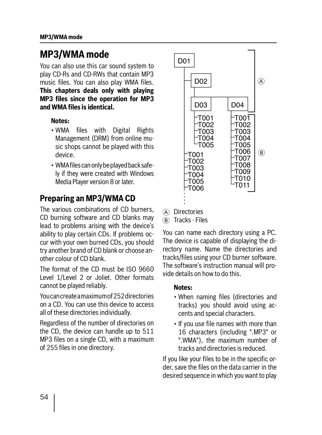 Blaupunkt MP38 installation instructions MP3/WMA mode, Preparing an MP3/WMA CD 