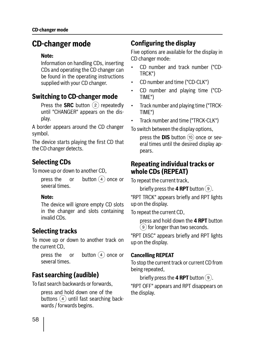 Blaupunkt MP38 installation instructions Selecting CDs, Fast searching audible, Switching to CD-changer mode 