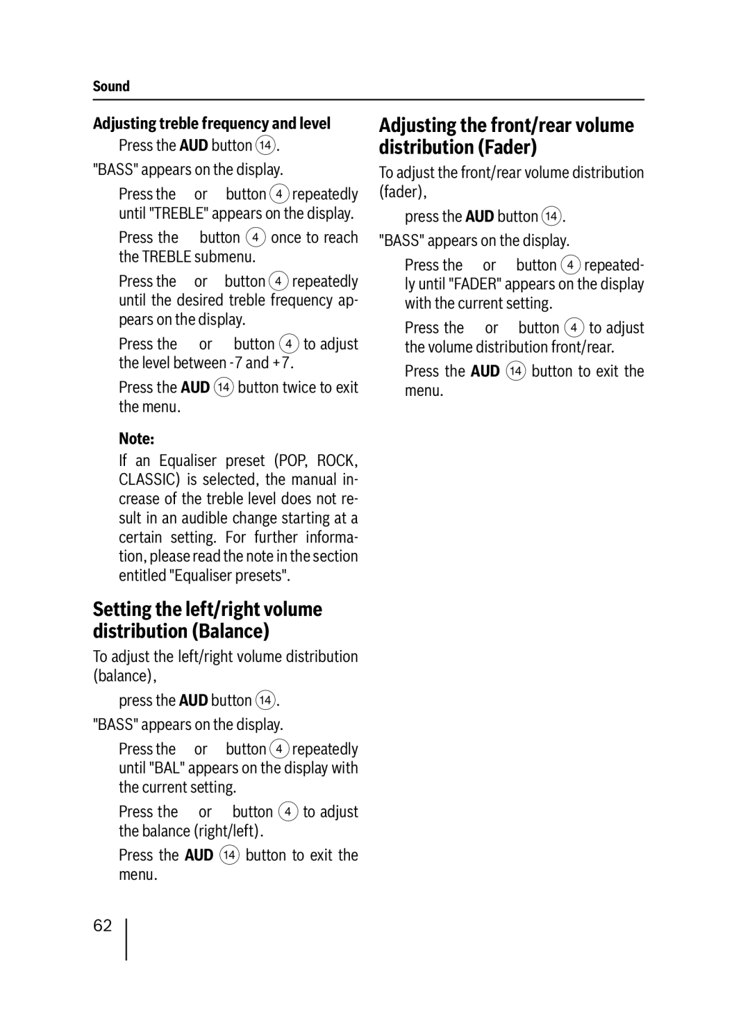 Blaupunkt MP38 Adjusting the front/rear volume distribution Fader, Adjusting treble frequency and level 