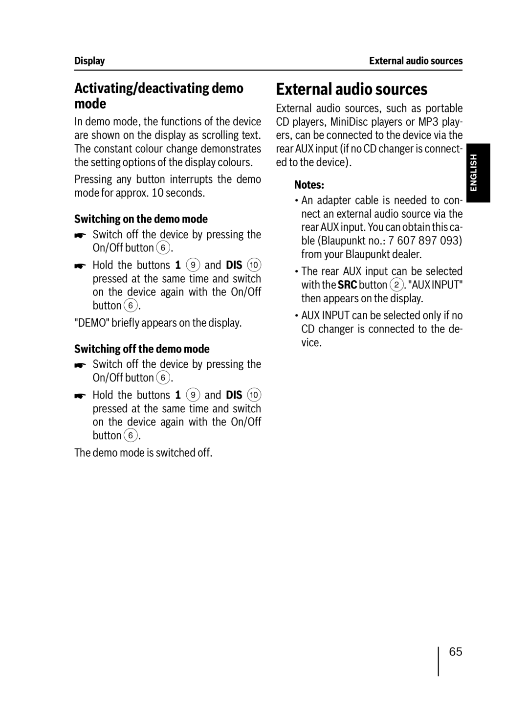 Blaupunkt MP38 External audio sources, Activating/deactivating demo mode, Switching on the demo mode 