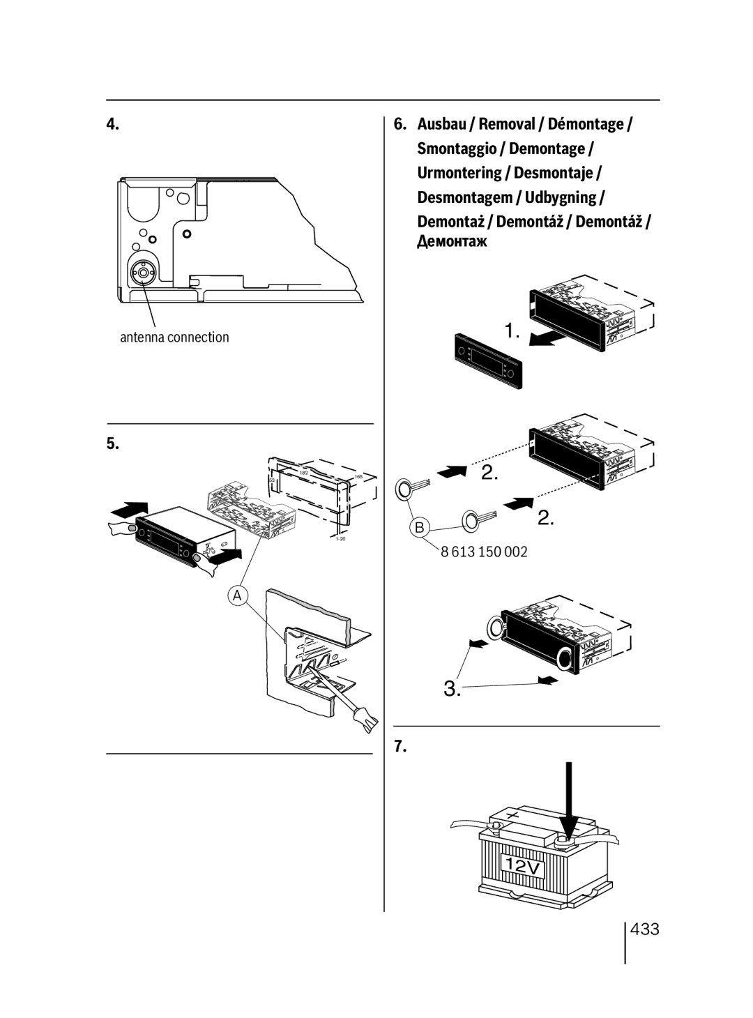 Blaupunkt MP38 installation instructions Demontaż / Demontáž / Demontáž / Демонтаж, 433 