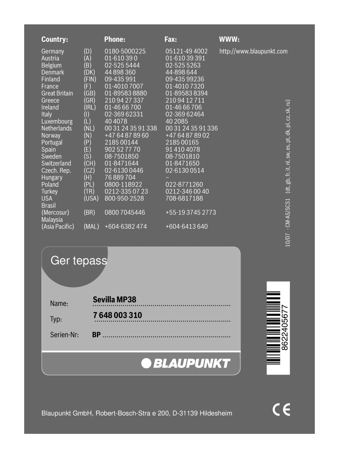 Blaupunkt installation instructions Sevilla MP38, 648 003, Name, Typ Serien-Nr BP, 438 