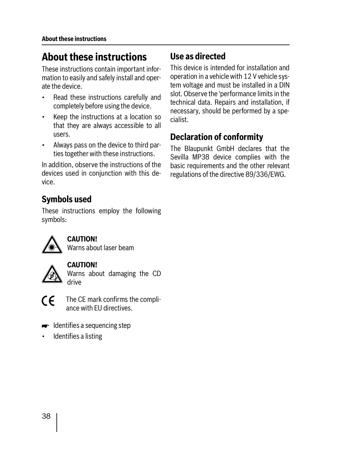 Blaupunkt MP38 installation instructions About these instructions, Symbols used, Use as directed, Declaration of conformity 