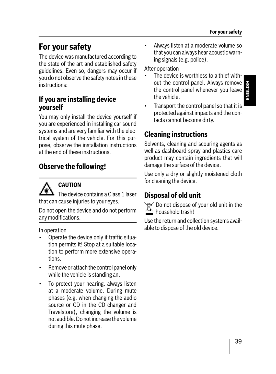 Blaupunkt MP38 For your safety, If you are installing device yourself, Observe the following, Cleaning instructions 