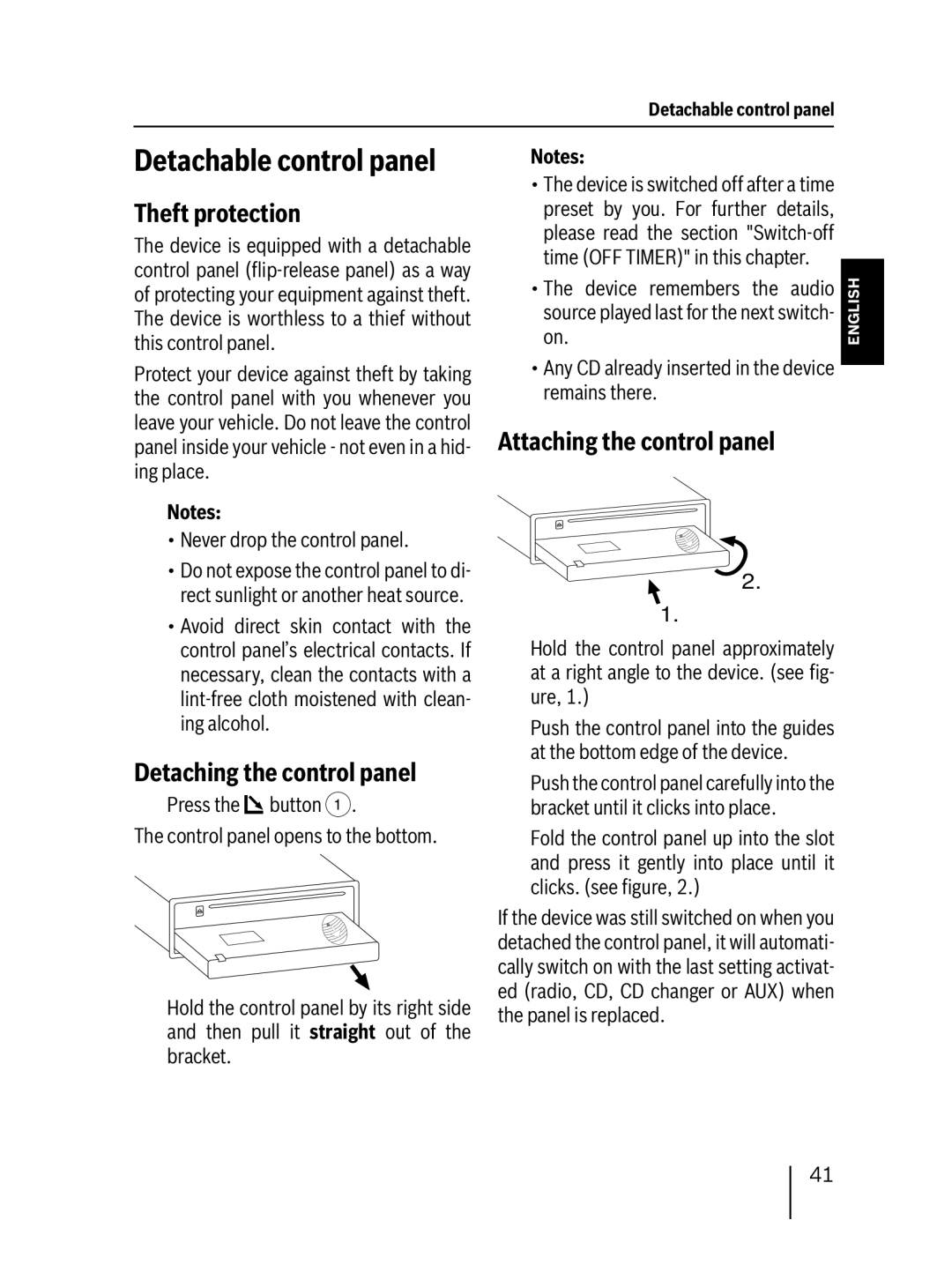 Blaupunkt MP38 Detachable control panel, Theft protection, Detaching the control panel, Attaching the control panel 