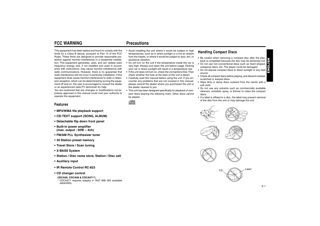 Blaupunkt MP41 manual Precautions, Handling Compact Discs, IDCA09, CDCA08 & CDCA071, CDLabel 