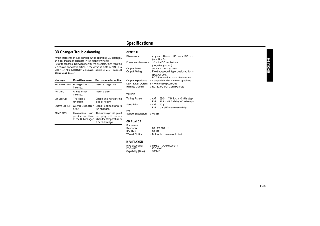 Blaupunkt MP41 manual Specifications, CD Changer Troubleshooting 