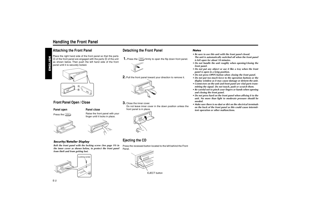 Blaupunkt MP41 Handling the Front Panel, Attaching the Front Panel, Front Panel Open / Close, Detaching the Front Panel 