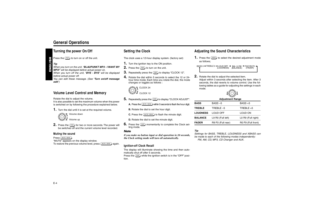 Blaupunkt MP41 manual General Operations, Turning the power On/Off, Volume Level Control and Memory, Setting the Clock 