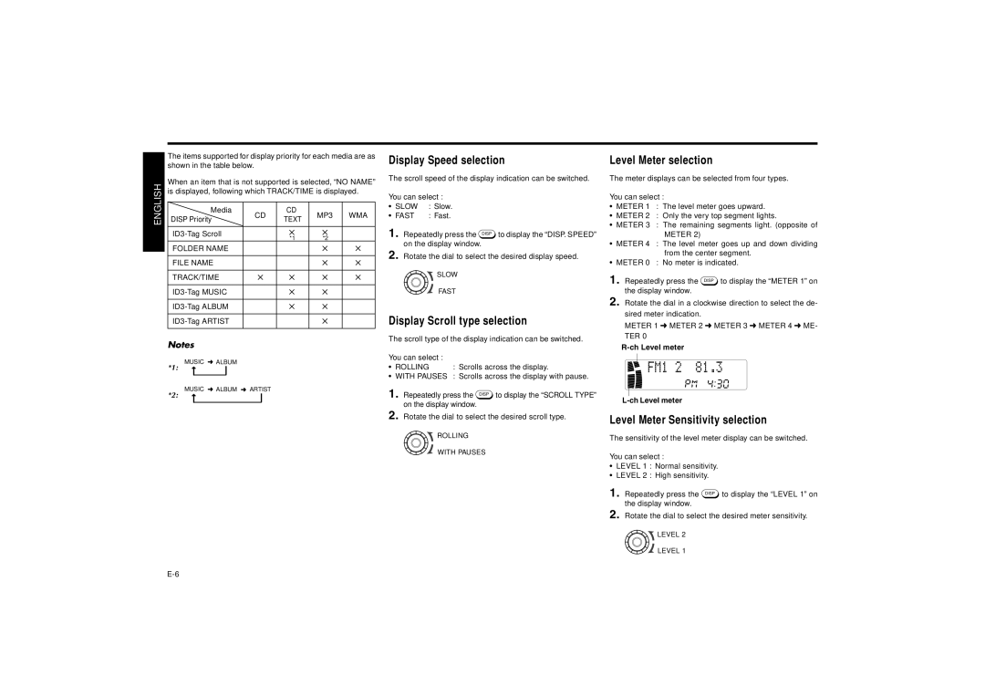 Blaupunkt MP41 manual Display Speed selection, Display Scroll type selection, Level Meter selection 