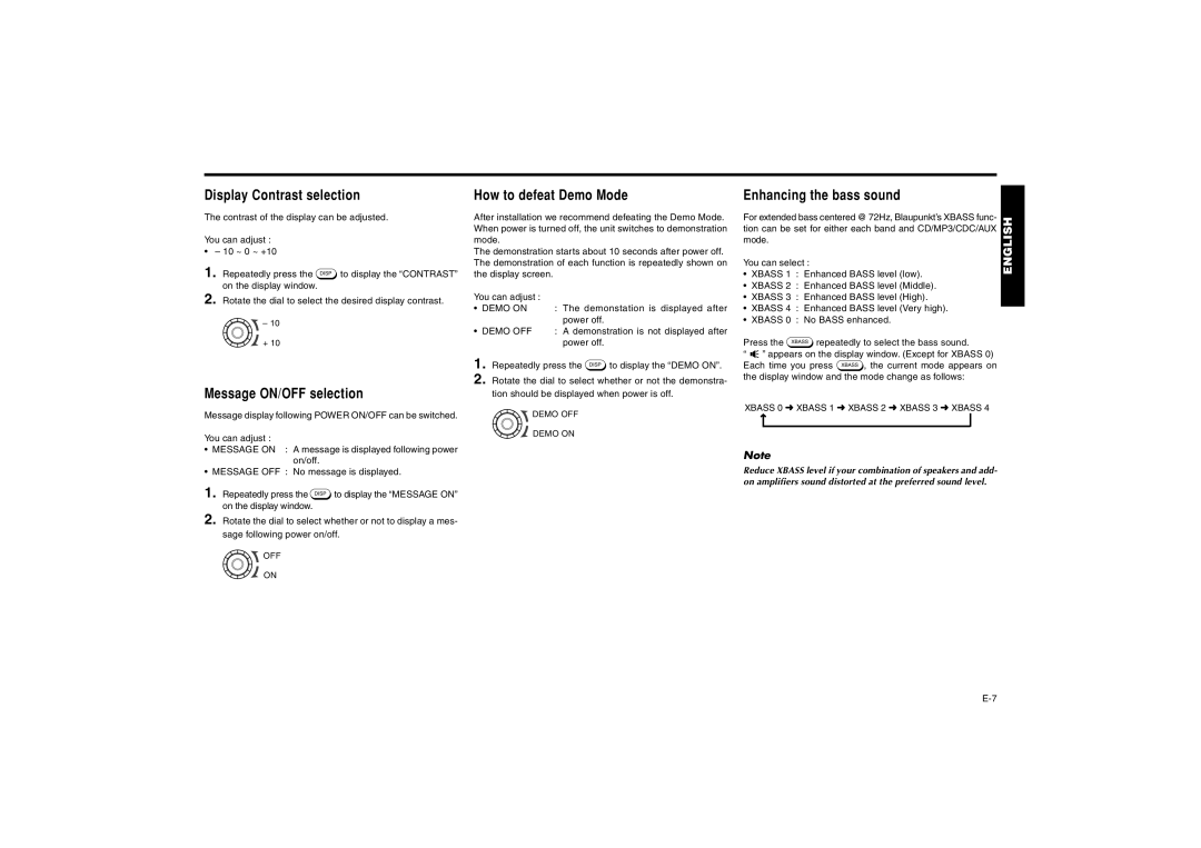 Blaupunkt MP41 Display Contrast selection, Message ON/OFF selection, How to defeat Demo Mode, Enhancing the bass sound 