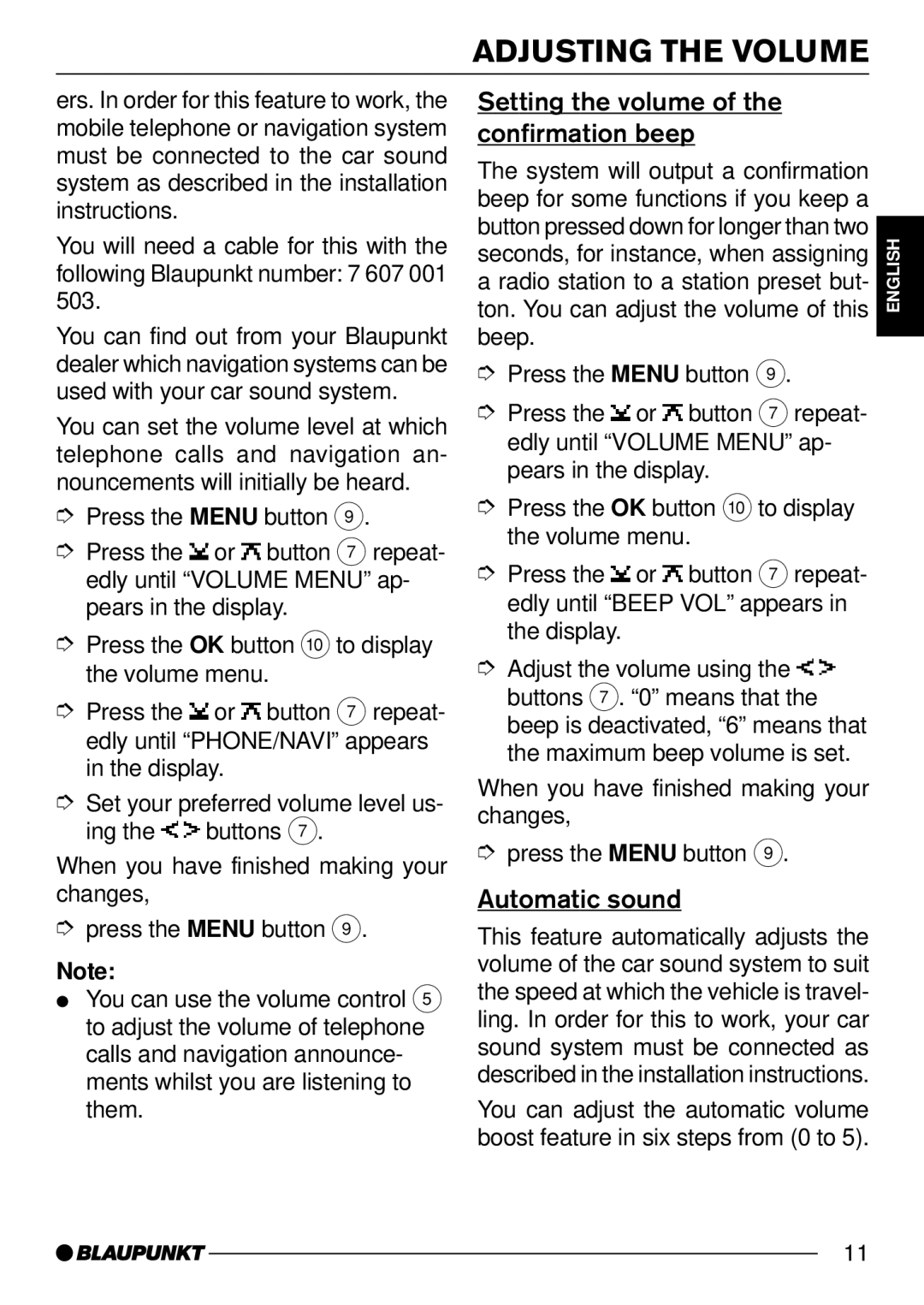 Blaupunkt MP54 operating instructions Setting the volume, Confirmation beep, Automatic sound 