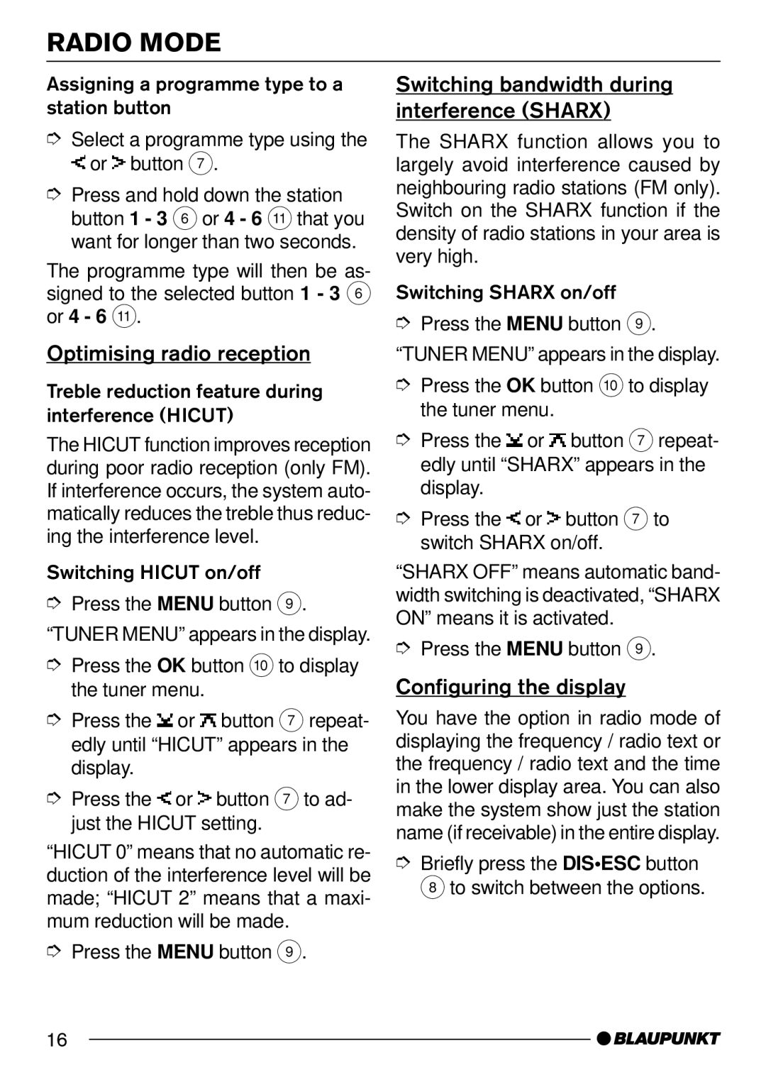 Blaupunkt MP54 Optimising radio reception, Switching bandwidth during interference Sharx, Configuring the display 