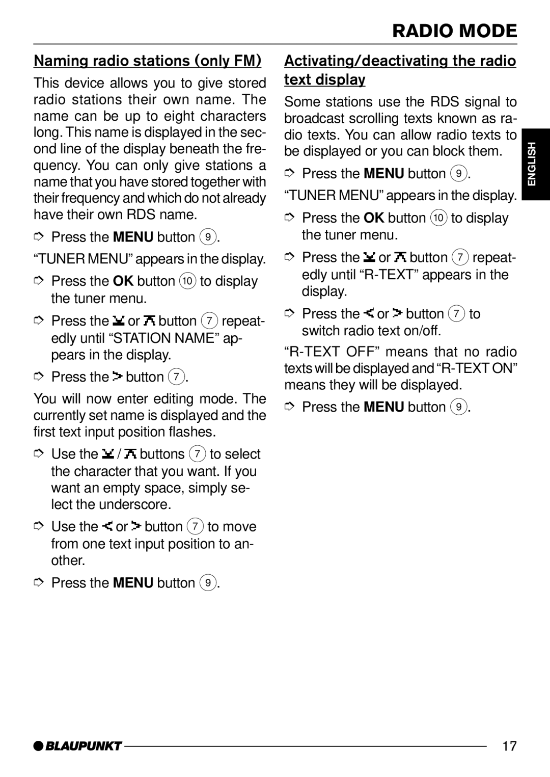 Blaupunkt MP54 operating instructions Naming radio stations only FM, Activating/deactivating the radio, Text display 