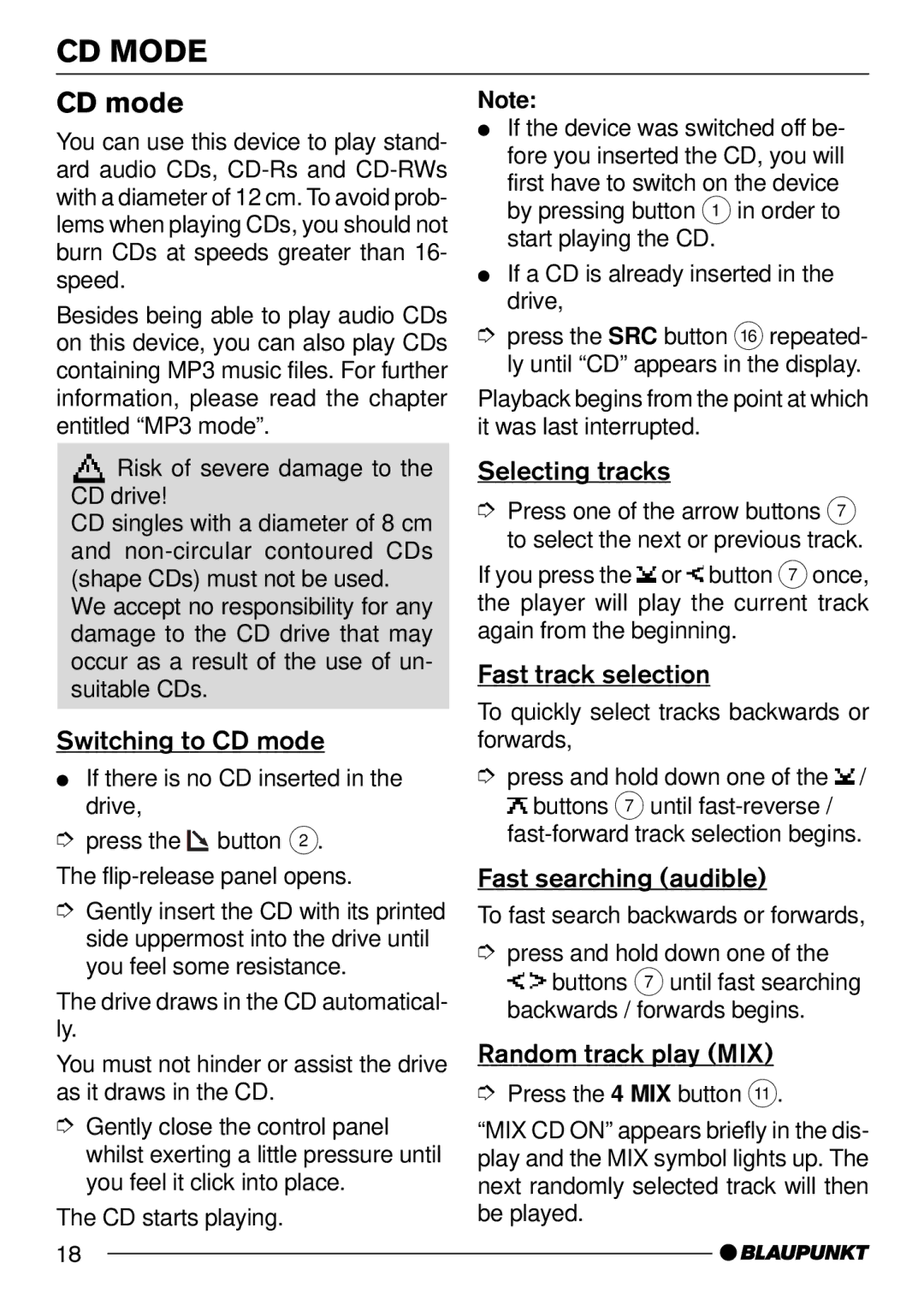 Blaupunkt MP54 operating instructions CD Mode, CD mode 