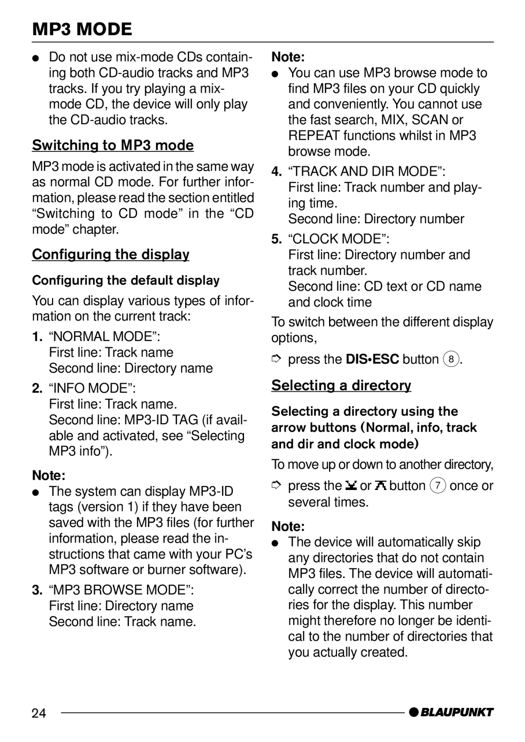 Blaupunkt MP54 operating instructions Switching to MP3 mode, Selecting a directory 