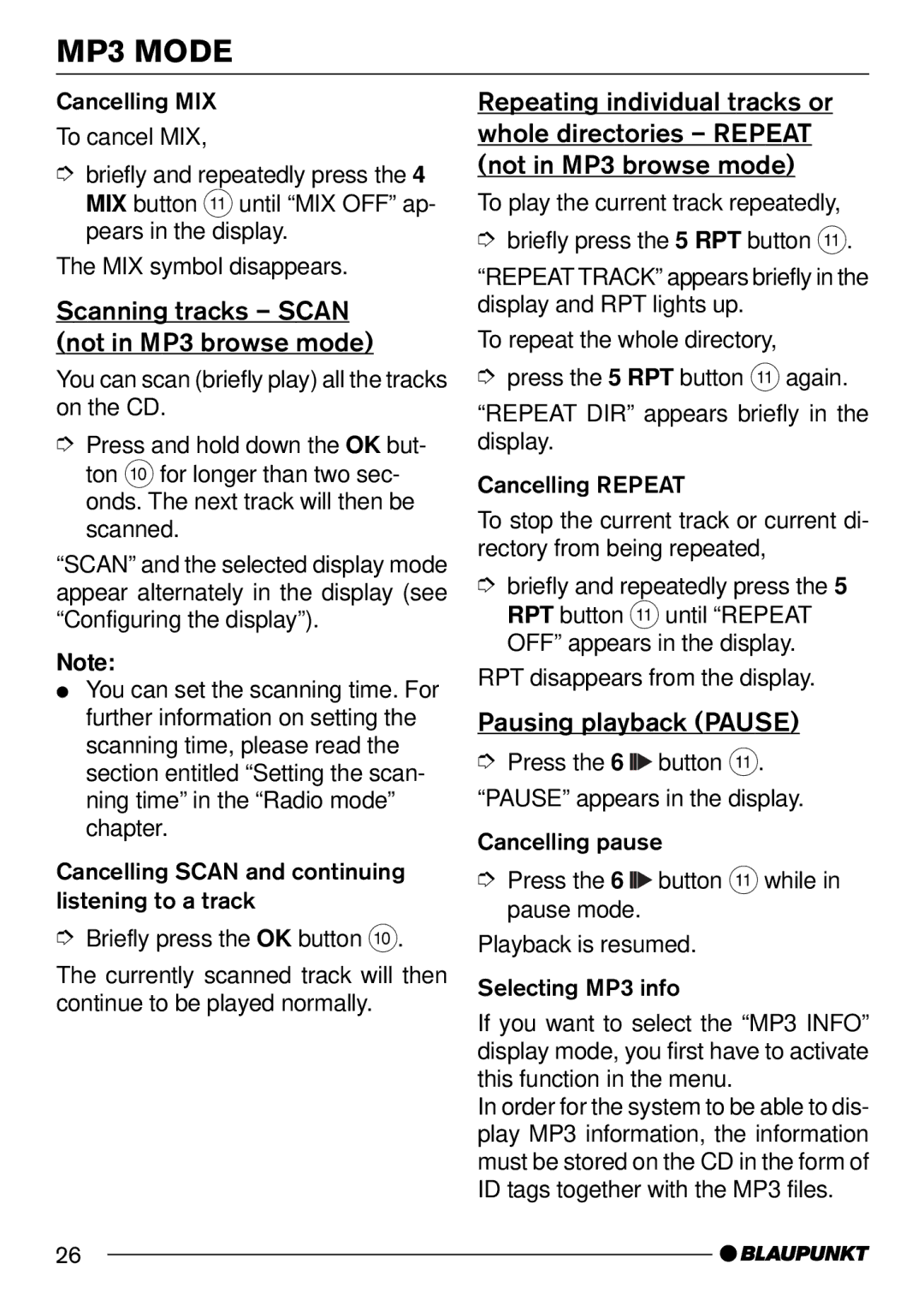 Blaupunkt MP54 operating instructions Scanning tracks Scan not in MP3 browse mode, Pausing playback Pause 