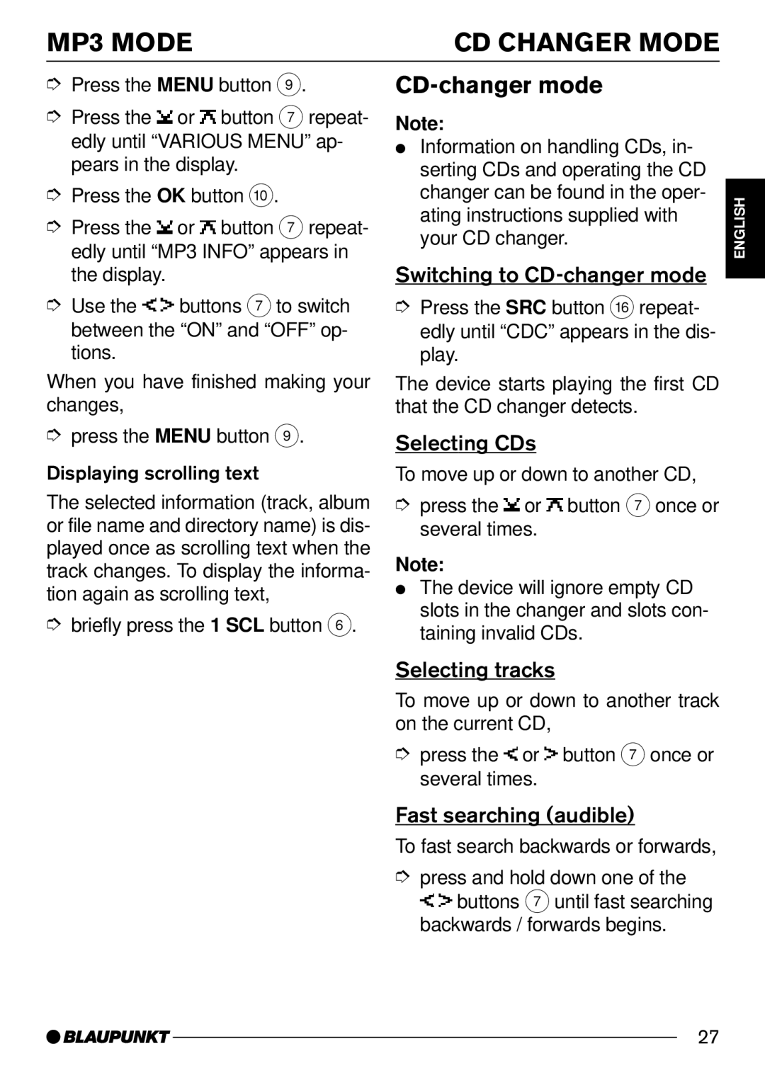 Blaupunkt MP54 operating instructions CD Changer Mode, Switching to CD-changer mode, Selecting CDs 