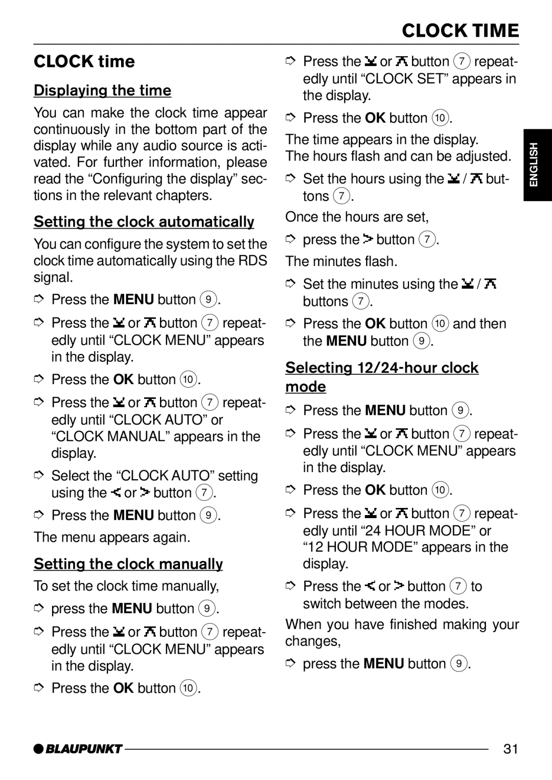 Blaupunkt MP54 operating instructions Clock Time, Clock time 