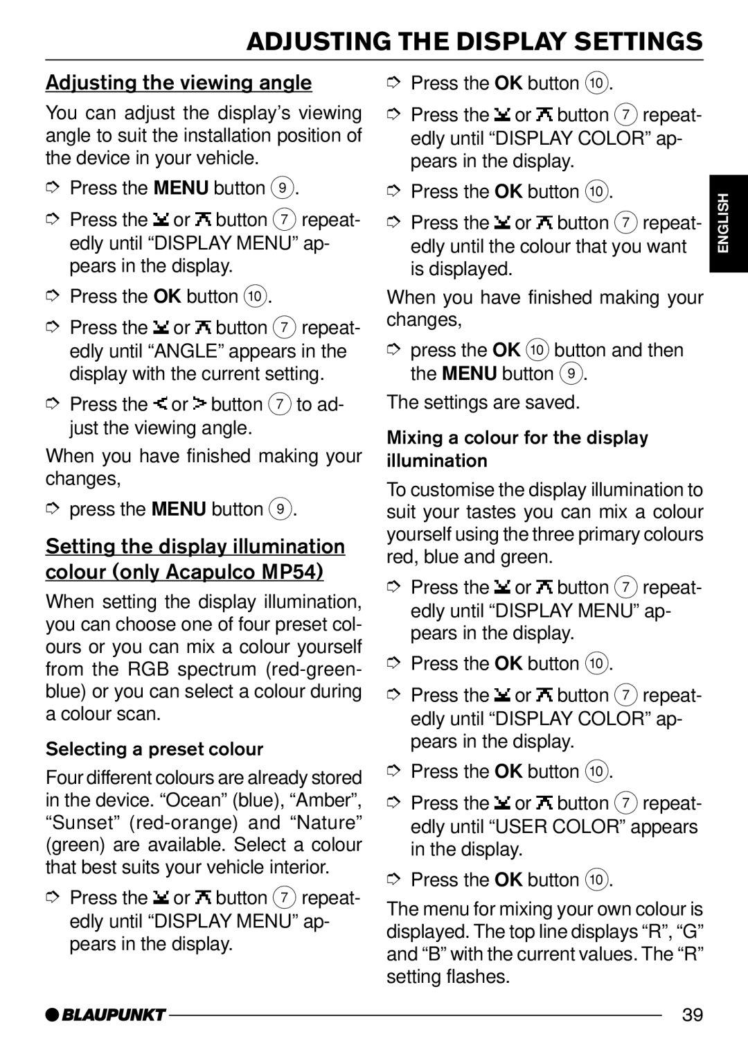 Blaupunkt operating instructions Adjusting the viewing angle, Setting the display illumination colour only Acapulco MP54 