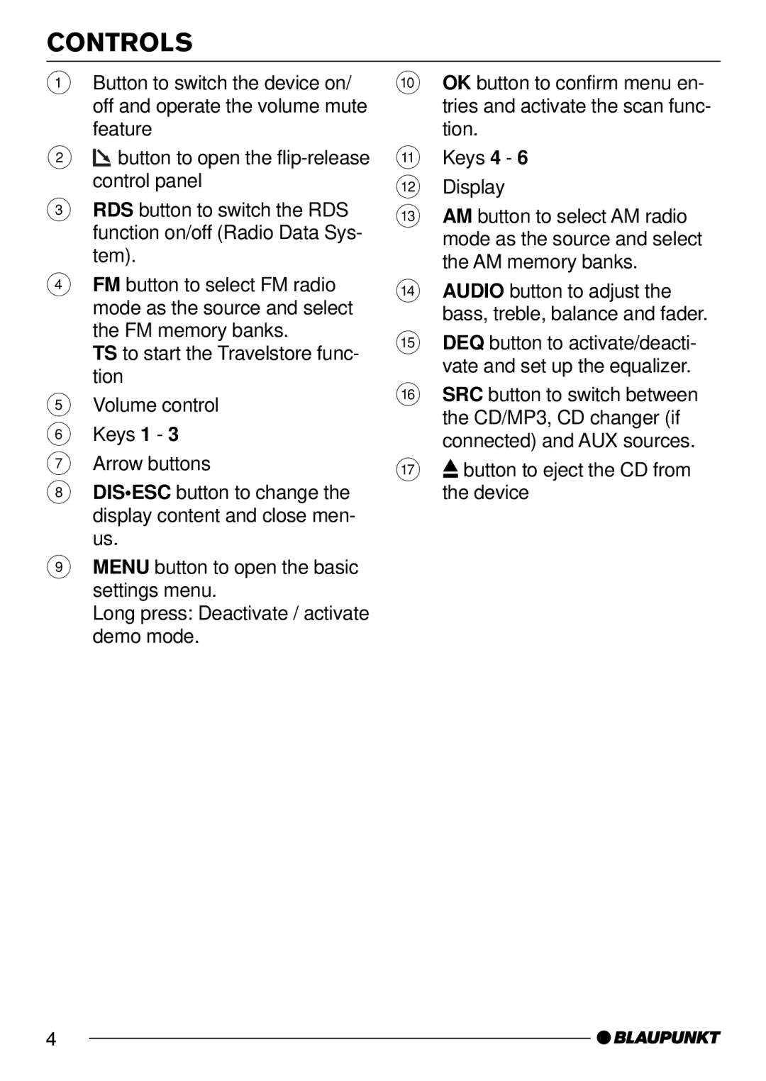 Blaupunkt MP54 operating instructions Controls 