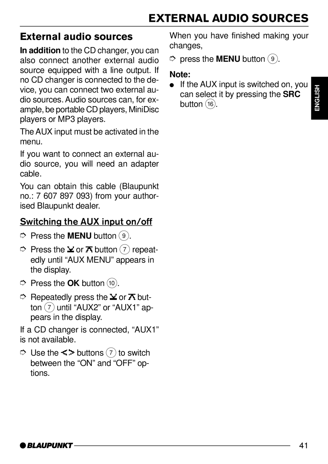 Blaupunkt MP54 operating instructions External Audio Sources, External audio sources, Switching the AUX input on/off 