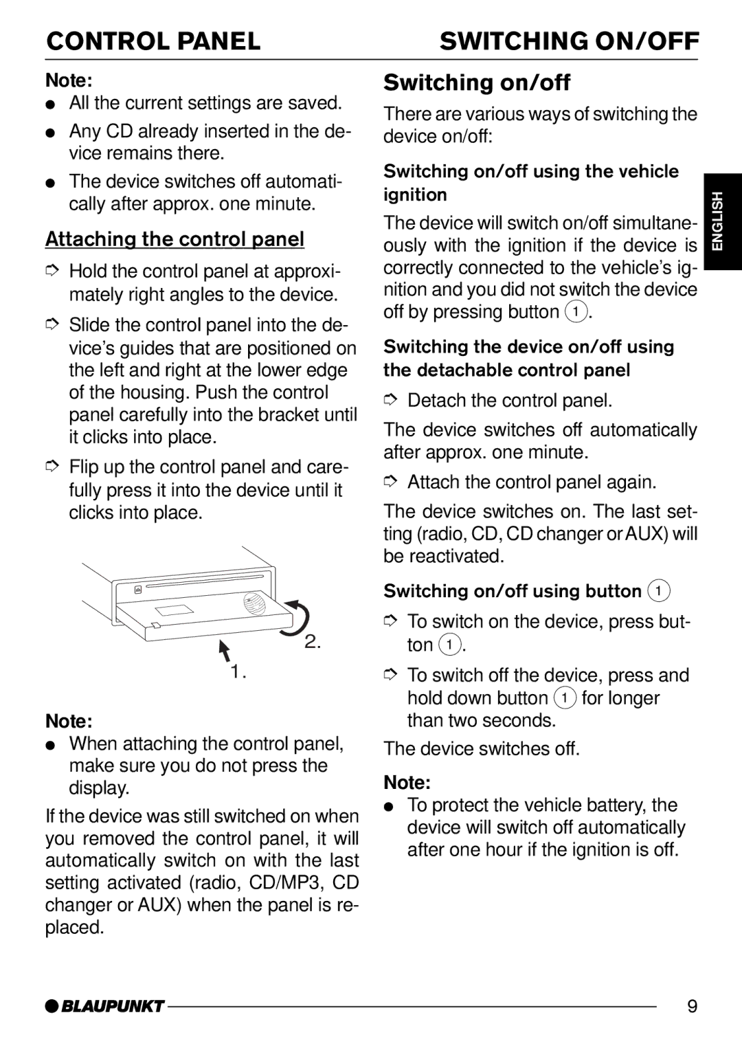 Blaupunkt MP54 operating instructions Control Panel Switching ON/OFF, Switching on/off, Attaching the control panel 