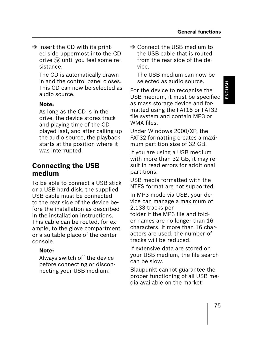 Blaupunkt MP56 7 646 583 310 operating instructions Connecting the USB medium 