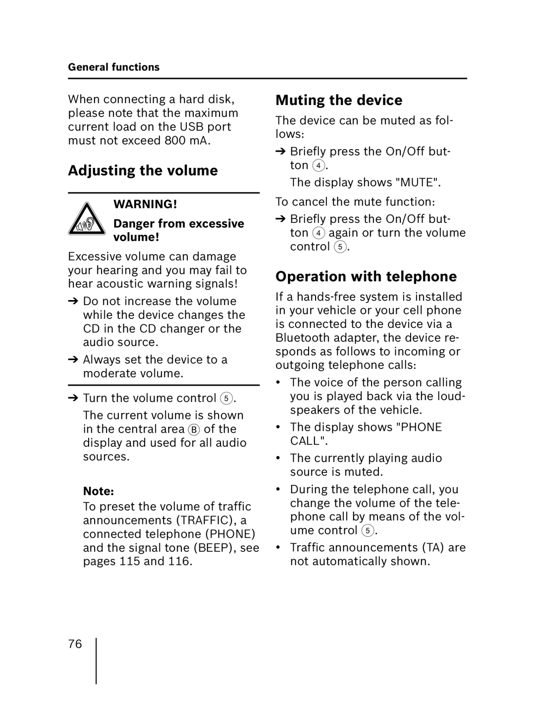 Blaupunkt MP56 7 646 583 310 operating instructions Adjusting the volume, Muting the device, Operation with telephone 