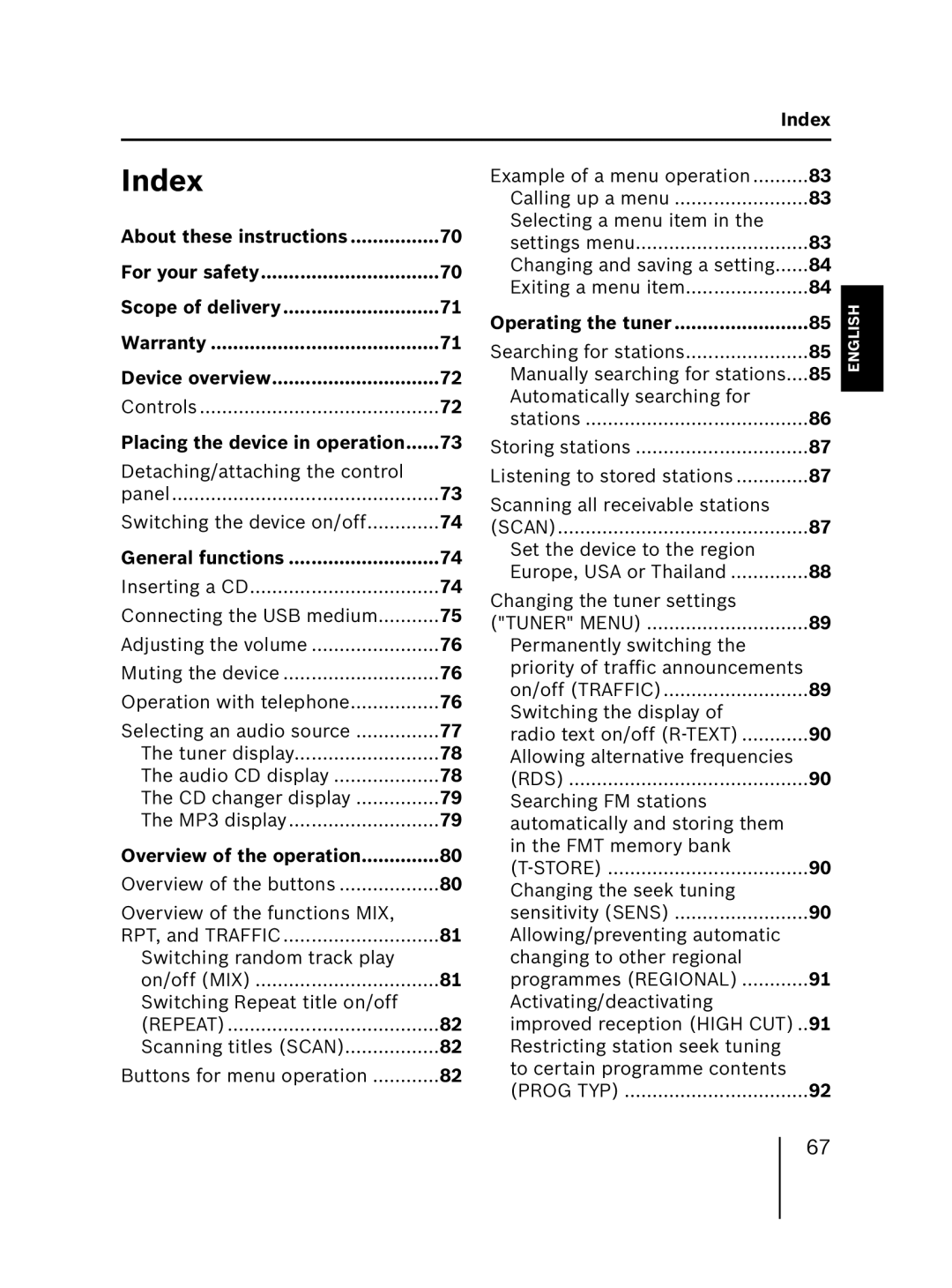 Blaupunkt MP56 7 646 583 310 operating instructions Index, Operating the tuner 