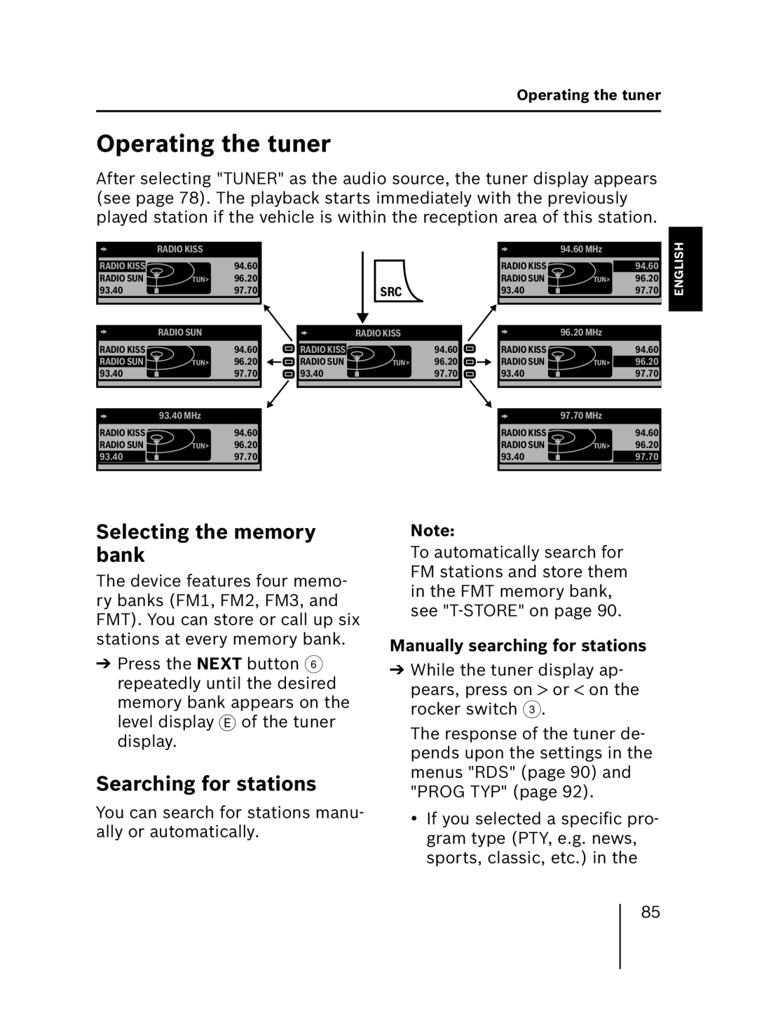 Blaupunkt MP56 7 646 583 310 operating instructions Operating the tuner, Selecting the memory bank, Searching for stations 