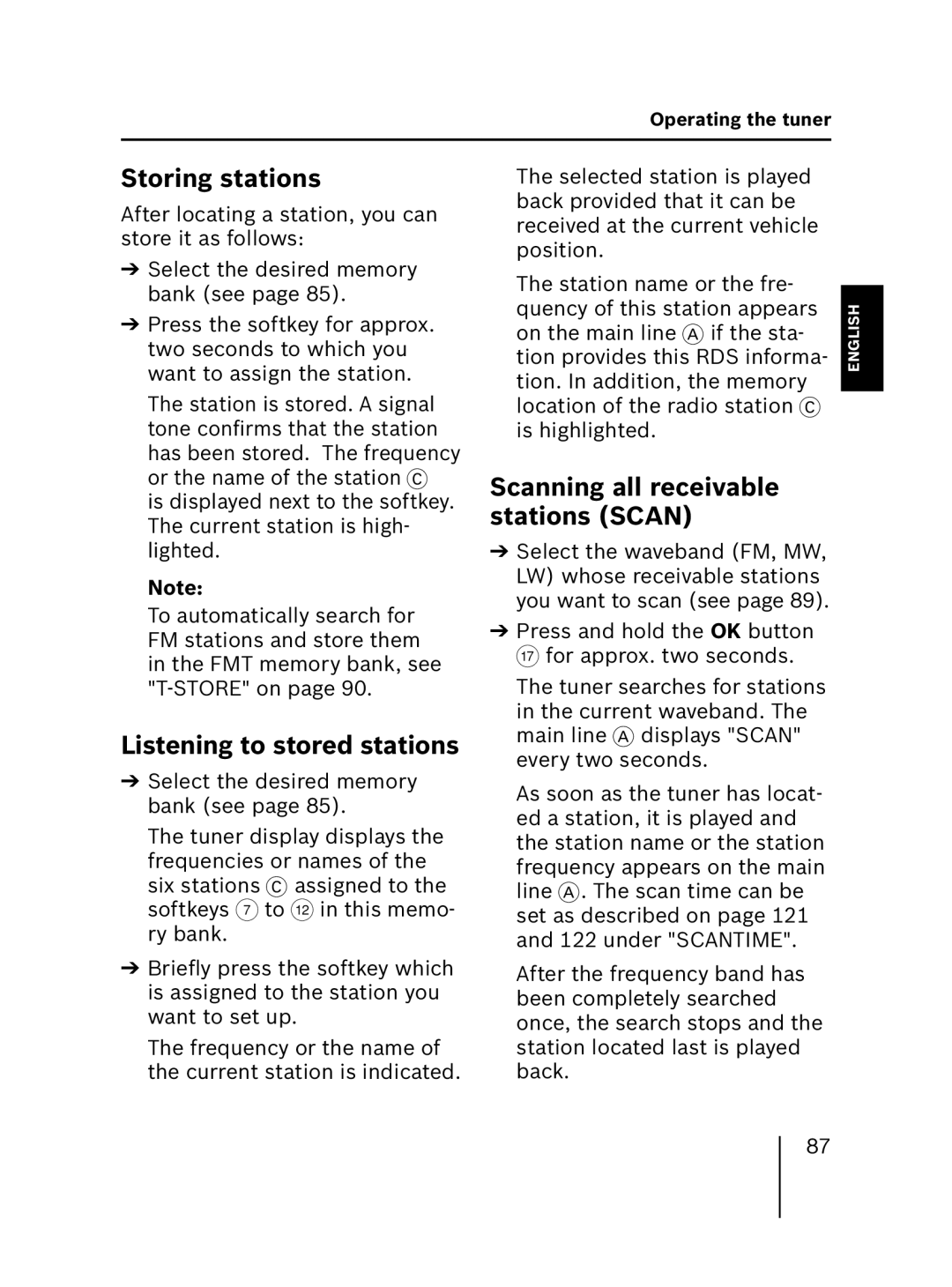 Blaupunkt MP56 7 646 583 310 Storing stations, Listening to stored stations, Scanning all receivable stations Scan 