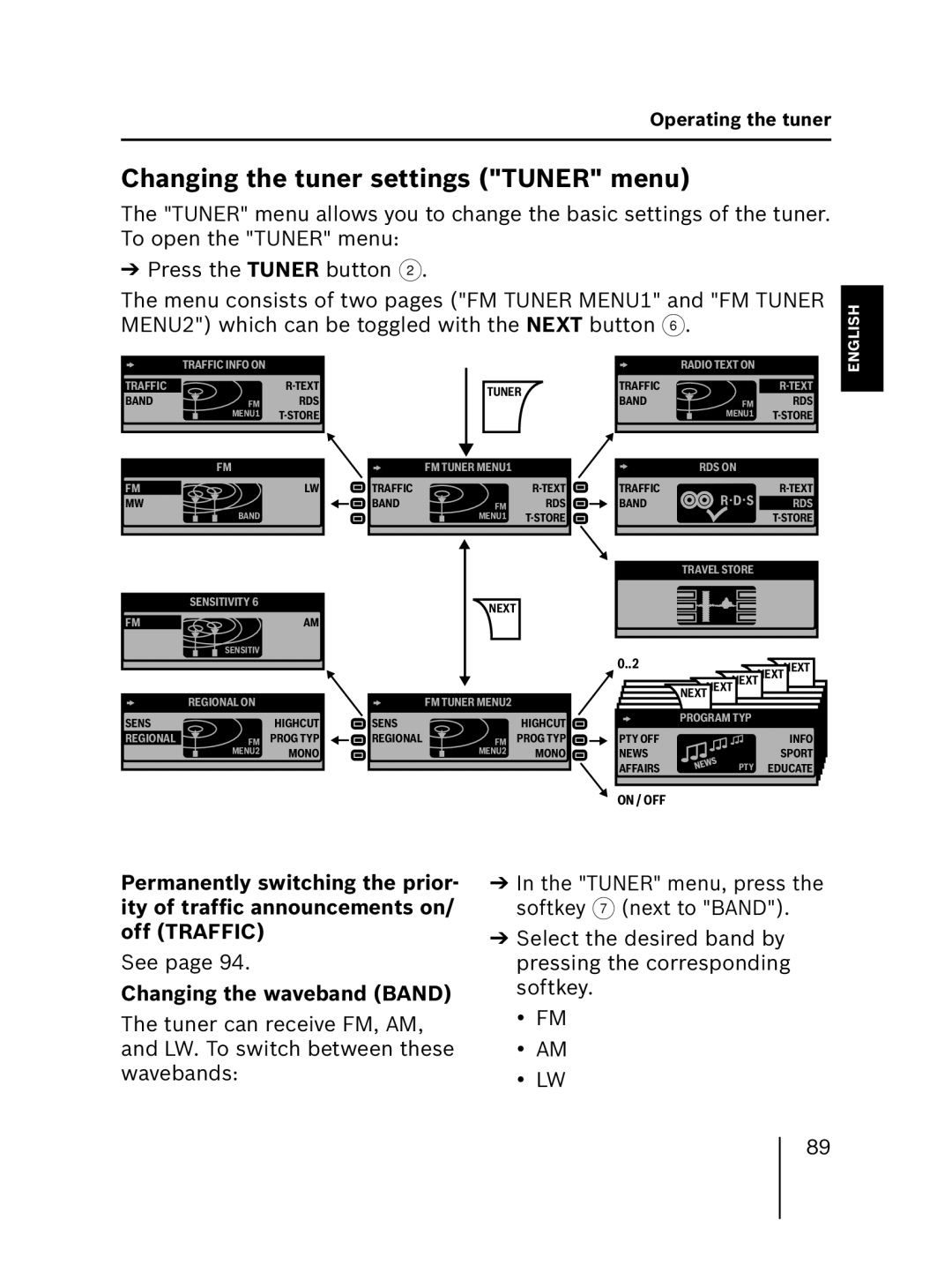 Blaupunkt MP56 7 646 583 310 operating instructions Changing the tuner settings Tuner menu, Changing the waveband Band 