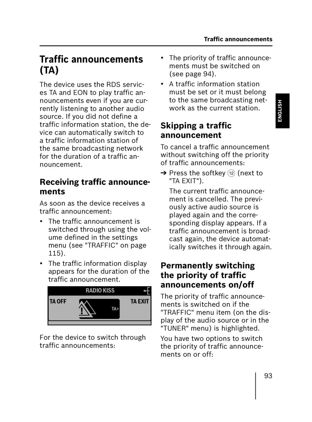 Blaupunkt MP56 7 646 583 310 Trafﬁc announcements TA, Receiving trafﬁc announce- ments, Skipping a trafﬁc announcement 