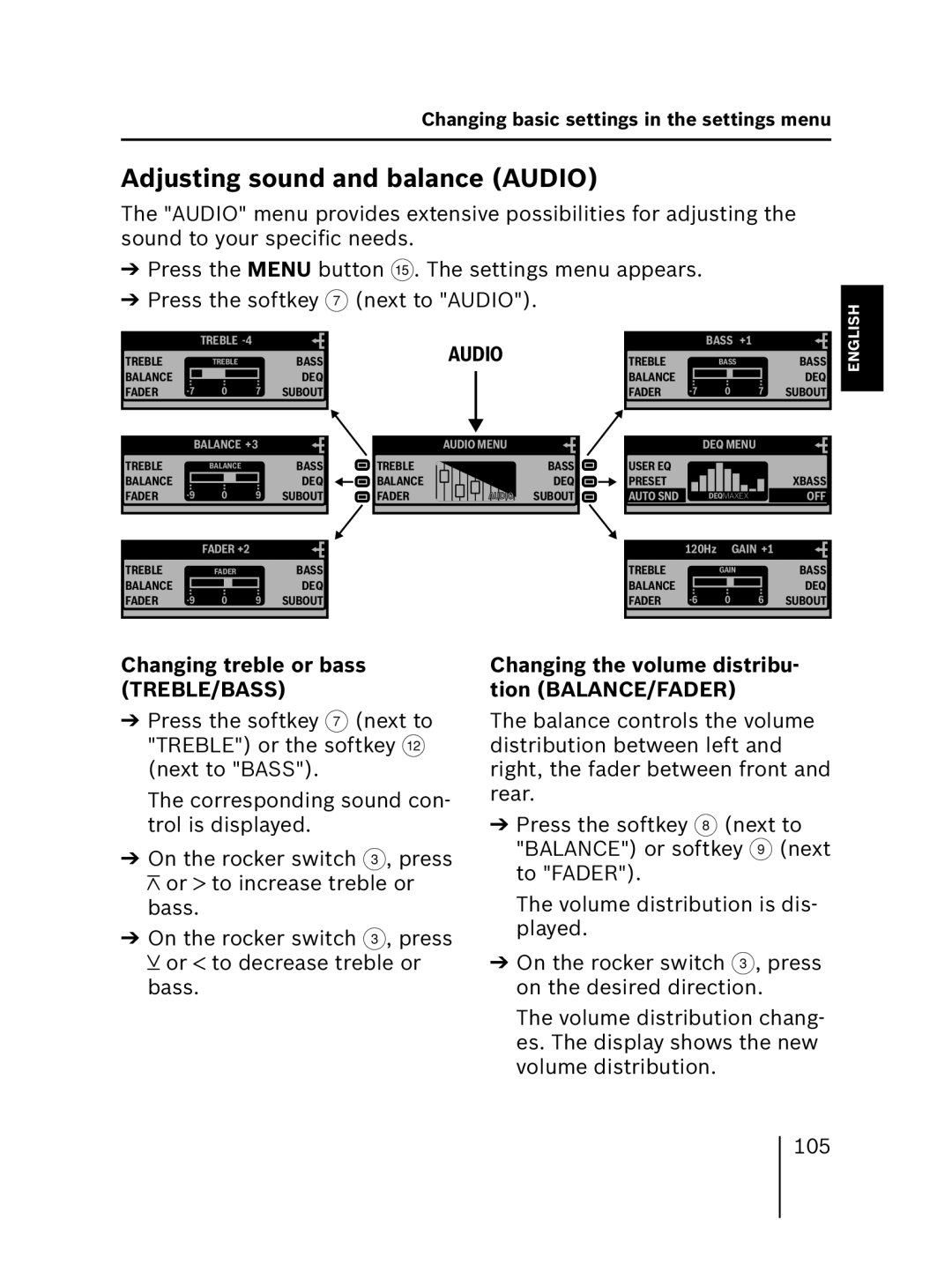 Blaupunkt MP56 7 646 583 310 operating instructions Adjusting sound and balance Audio, Changing treble or bass TREBLE/BASS 