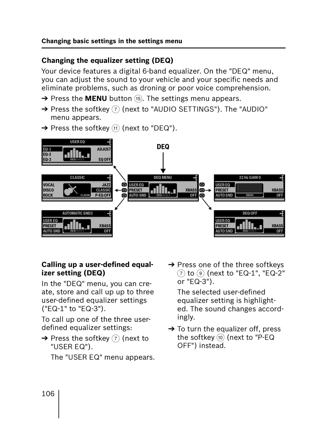 Blaupunkt MP56 7 646 583 310 Changing the equalizer setting DEQ, Calling up a user-deﬁned equal- izer setting DEQ 