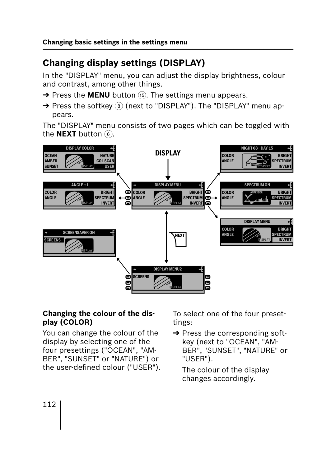 Blaupunkt MP56 7 646 583 310 Changing display settings Display, Changing the colour of the dis- play Color 