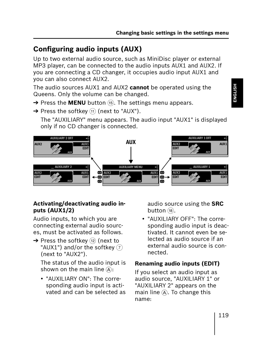 Blaupunkt MP56 7 646 583 310 Conﬁguring audio inputs AUX, Activating/deactivating audio in- puts AUX1/2 