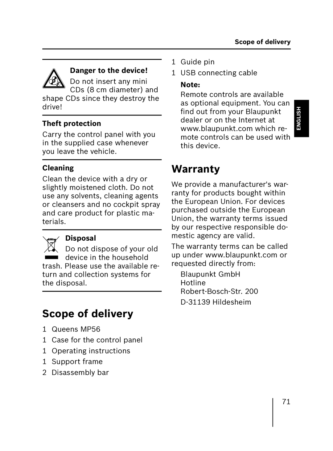 Blaupunkt MP56 7 646 583 310 operating instructions Scope of delivery, Warranty, Theft protection, Cleaning, Disposal 