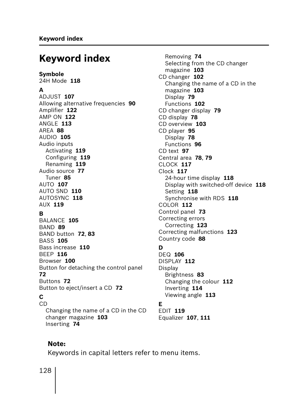 Blaupunkt MP56 7 646 583 310 operating instructions Keyword index, Symbole 