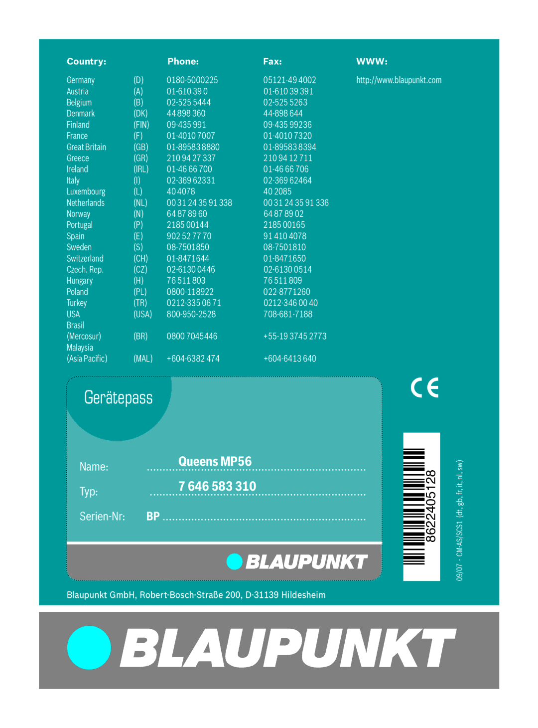 Blaupunkt MP56 7 646 583 310 operating instructions Gerätepass 