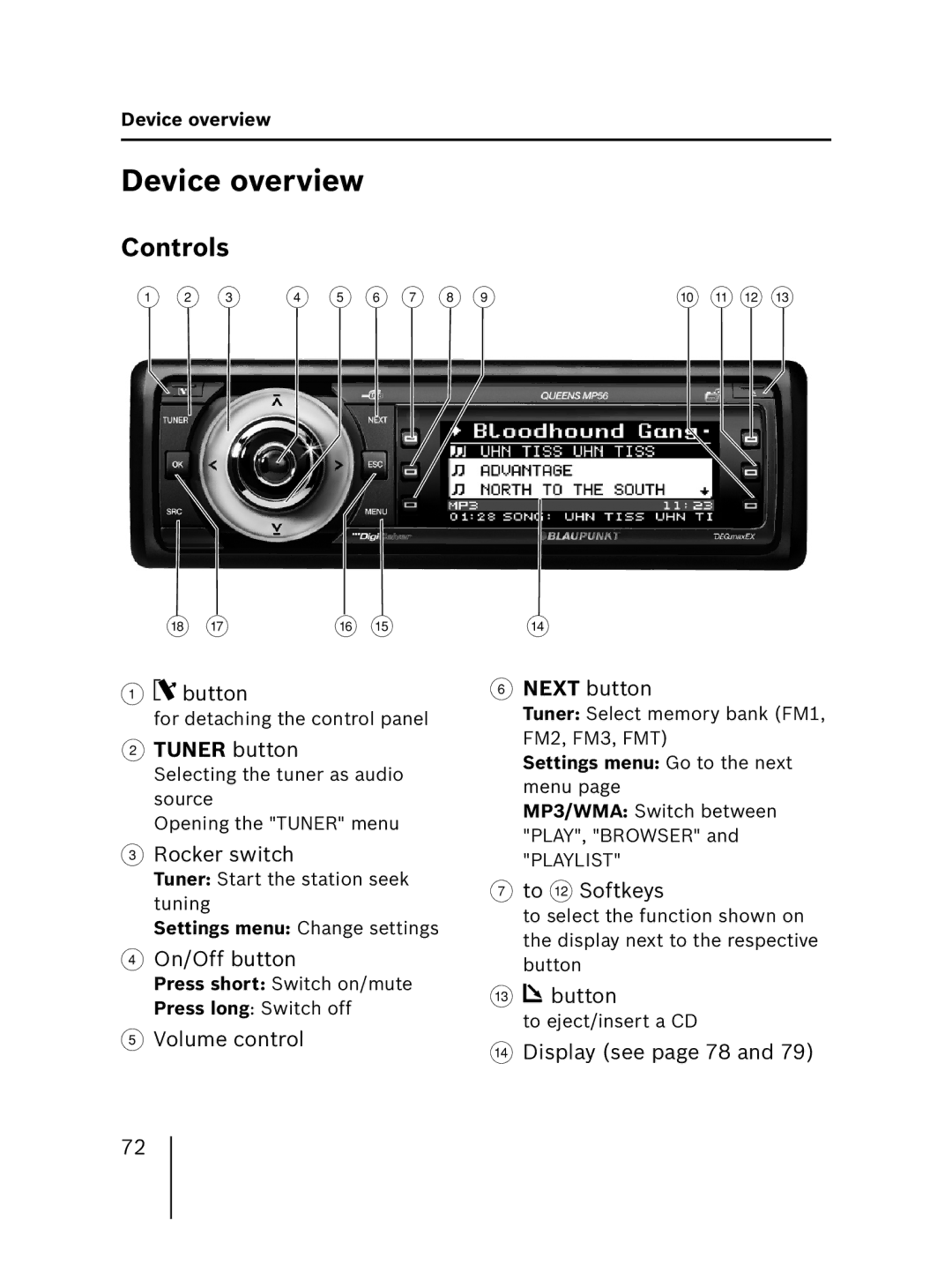 Blaupunkt MP56 7 646 583 310 operating instructions Device overview, Controls, Tuner button 