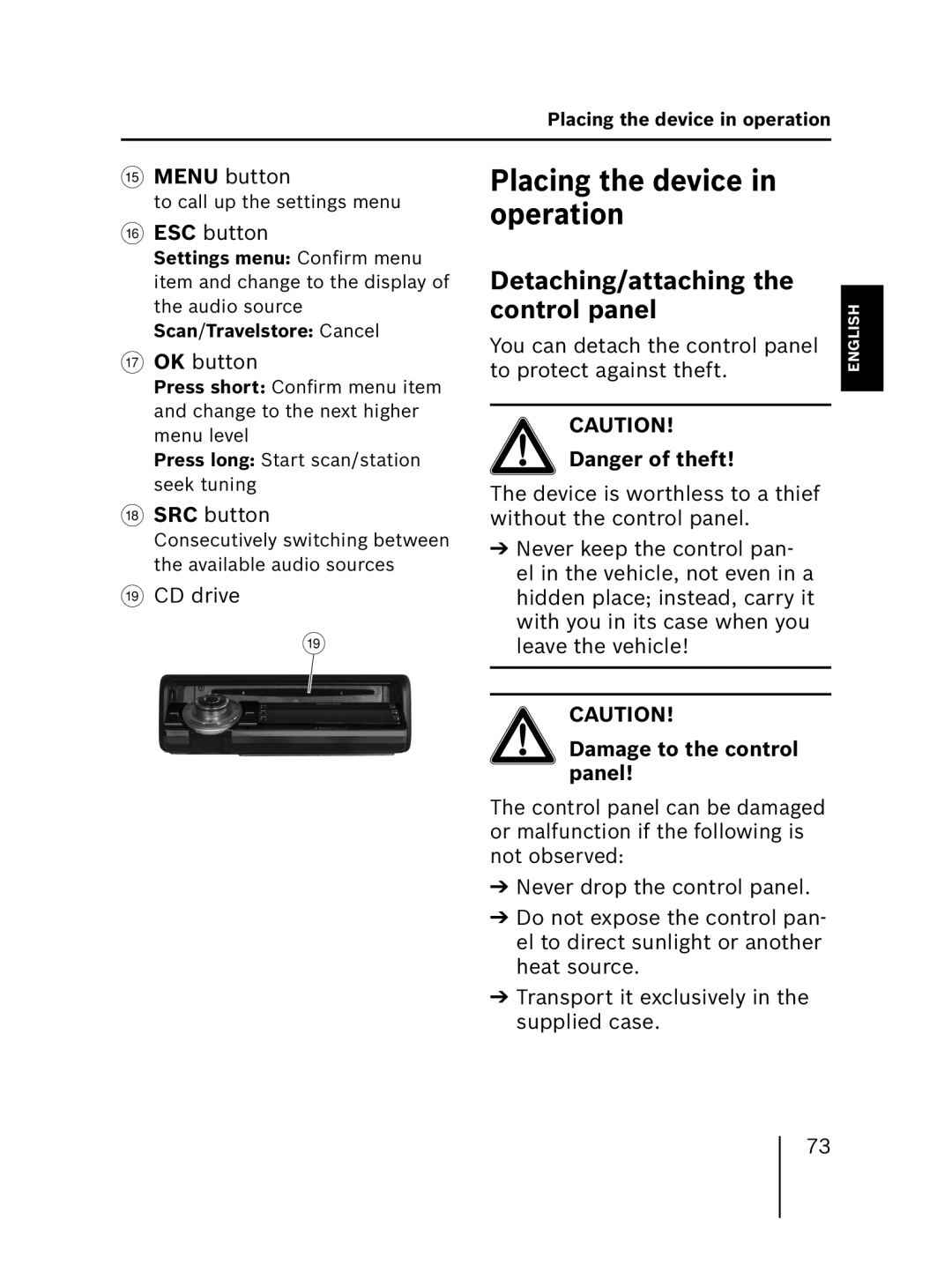 Blaupunkt MP56 7 646 583 310 operating instructions Placing the device in operation, Detaching/attaching the control panel 