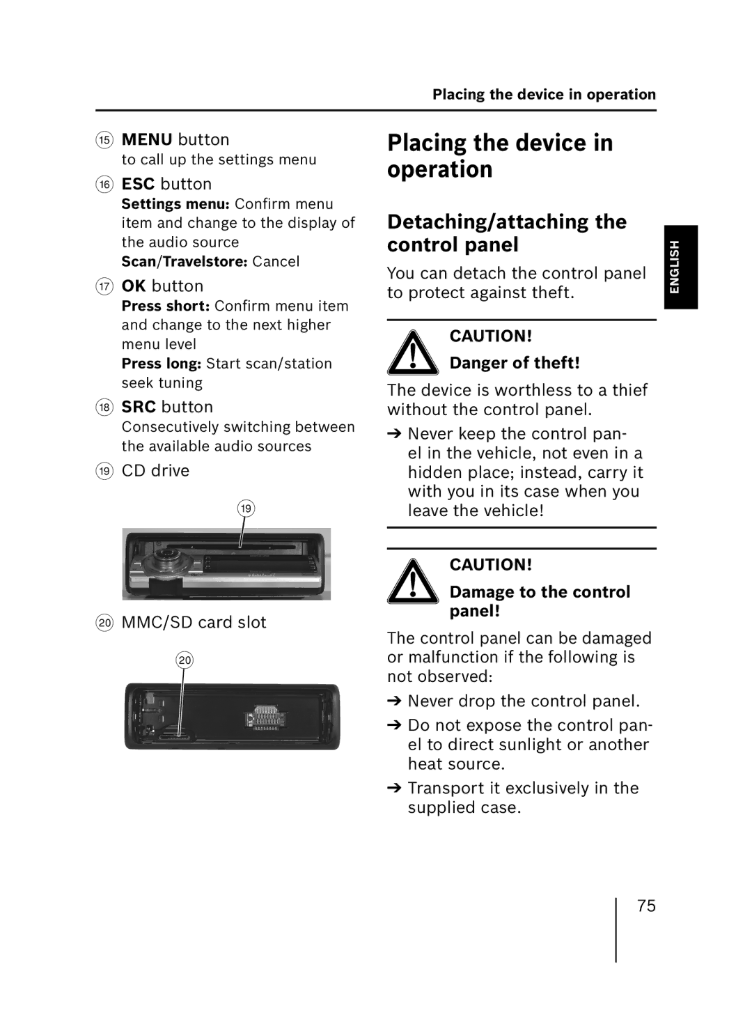 Blaupunkt MP56 Placing the device in operation, Detaching/attaching the control panel, Damage to the control panel 