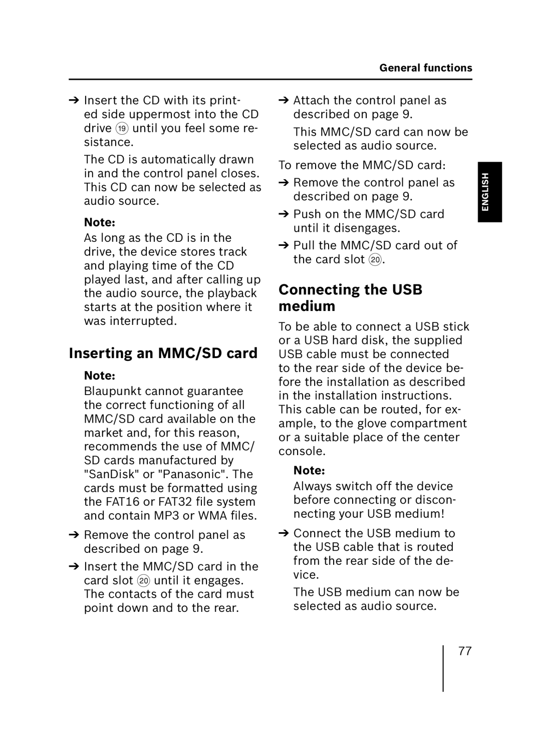 Blaupunkt MP56 operating instructions Inserting an MMC/SD card, Connecting the USB medium 