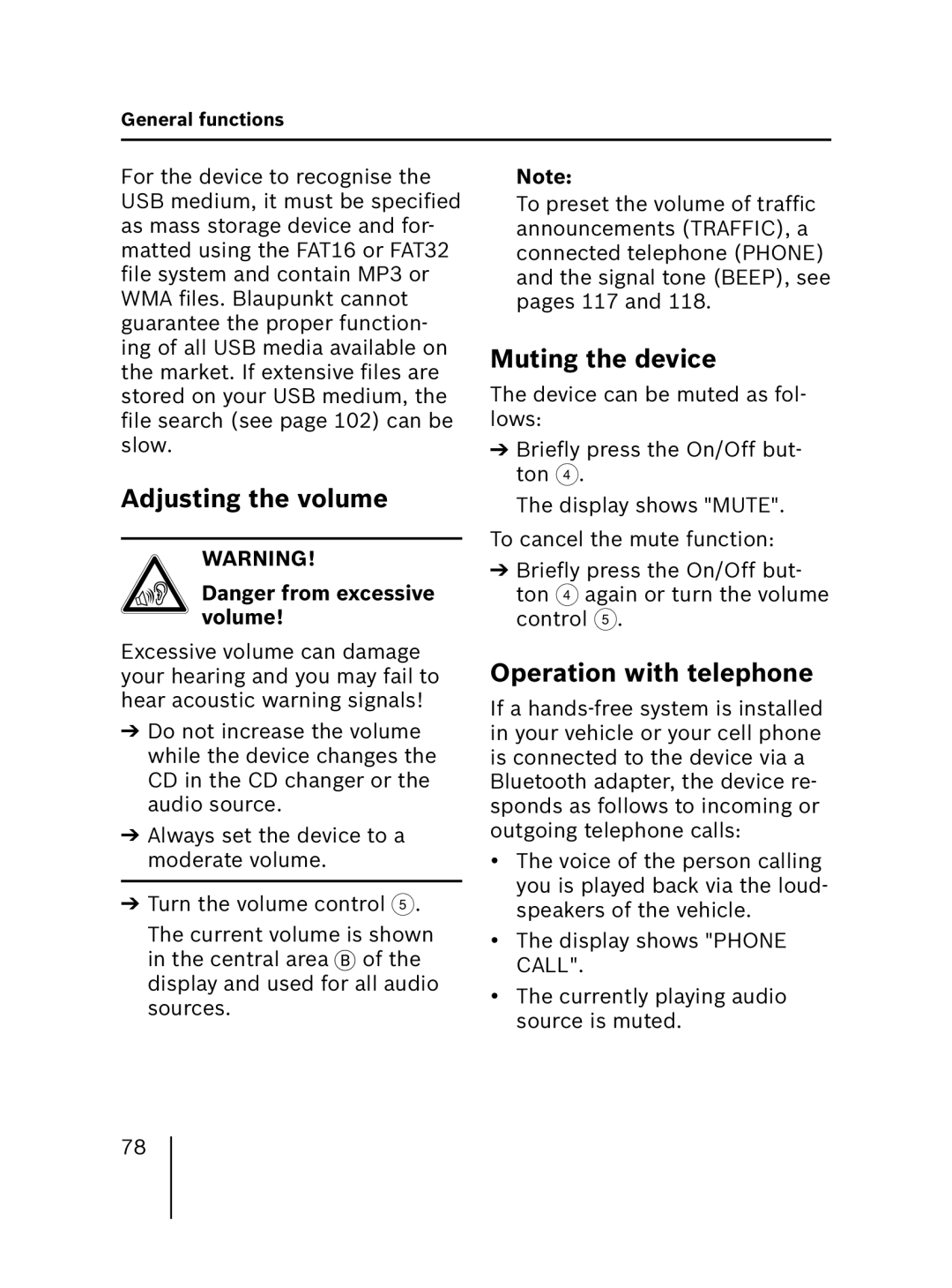 Blaupunkt MP56 operating instructions Adjusting the volume, Muting the device, Operation with telephone 