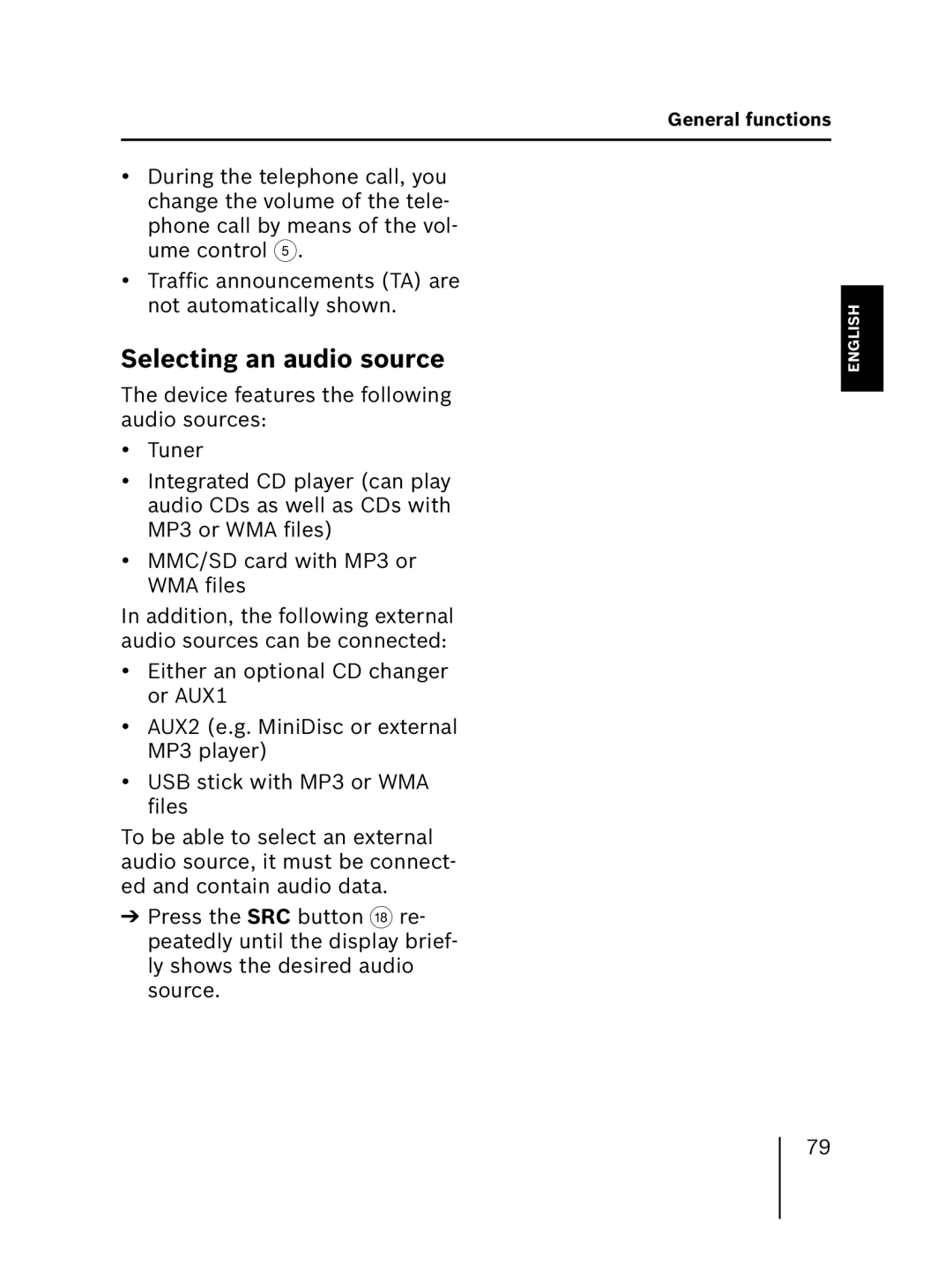 Blaupunkt MP56 operating instructions Selecting an audio source 