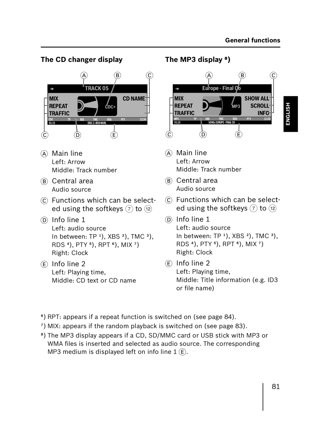 Blaupunkt MP56 operating instructions CD changer display, MP3 display ⁸ 