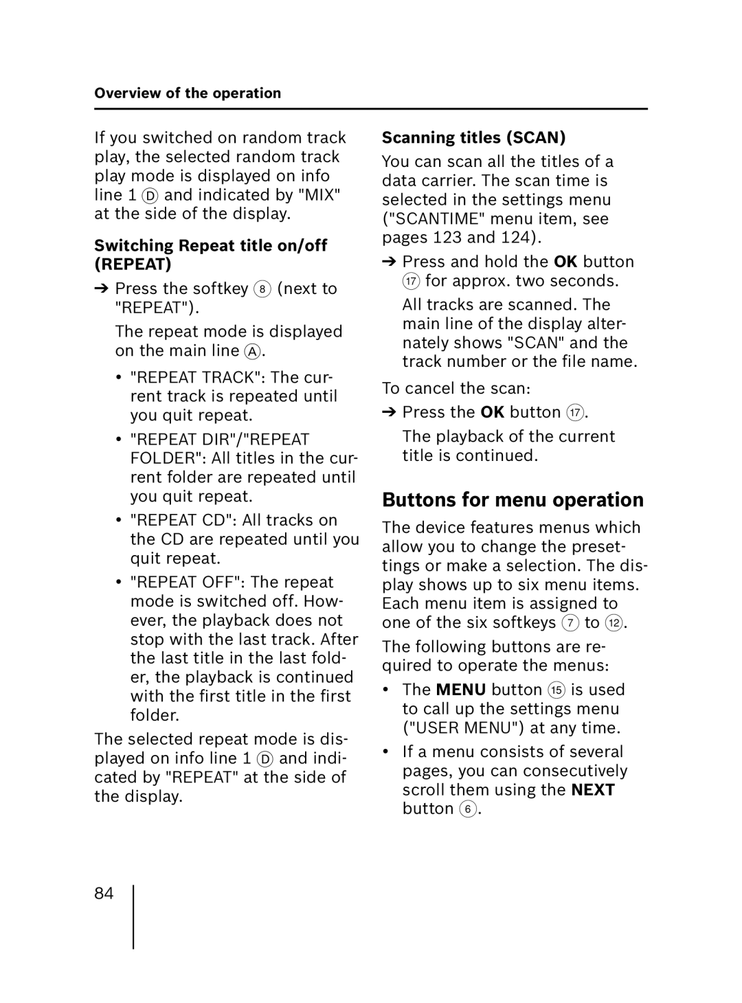 Blaupunkt MP56 Buttons for menu operation, Switching Repeat title on/off Repeat, Scanning titles Scan 